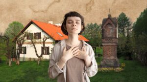 Kobieta z zamkniętymi oczami stoi przed domem.