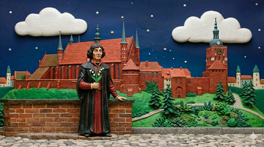 Figurka trzymająca kwiaty z tłem budowli.