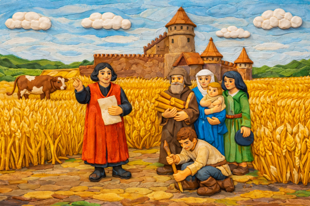 Grupa postaci w strefie wiejskiej, przy polu zboża i zamku w tle.