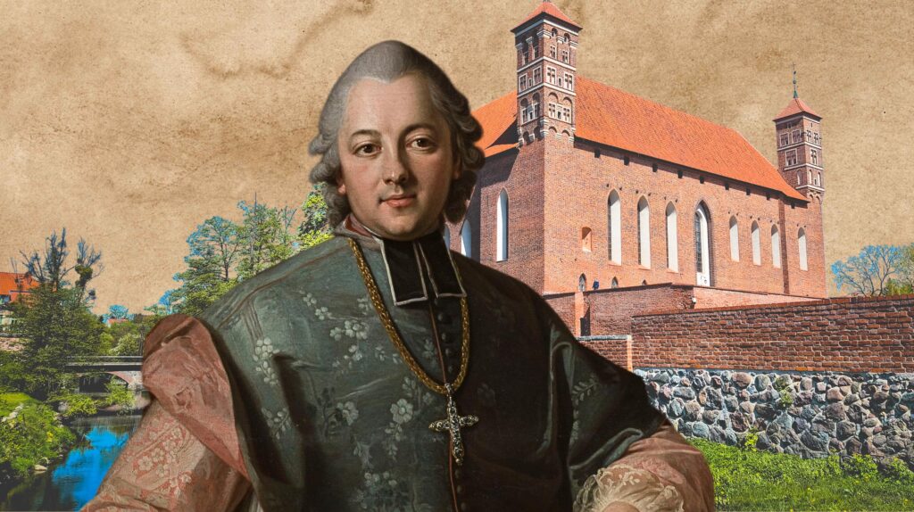 Portret mężczyzny w historycznym stroju z kościołem w tle.