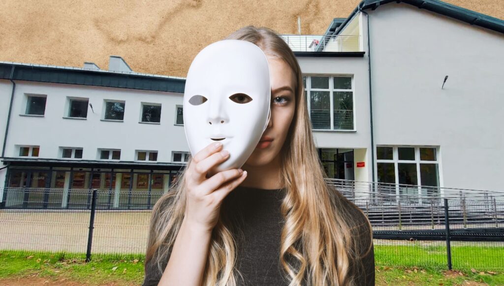 Osoba trzymająca białą maskę przed twarzą w tle budynku.