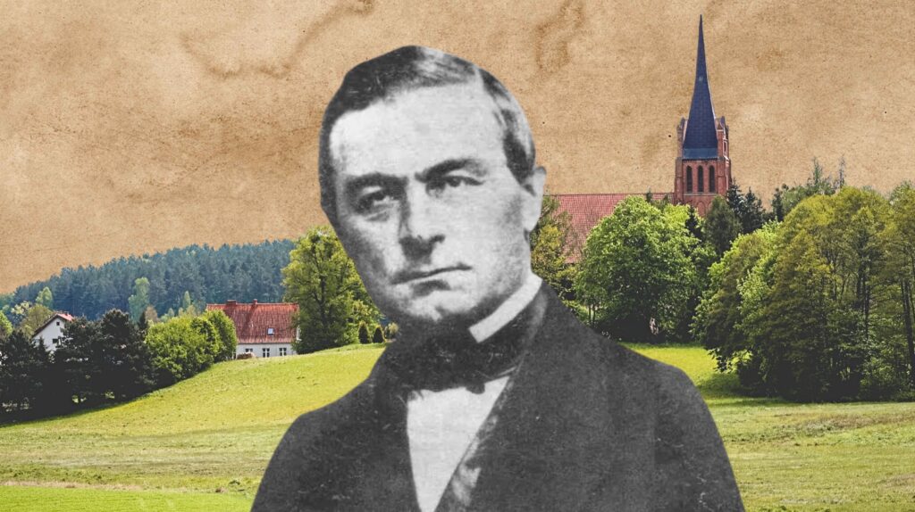 Mężczyzna na tle malowniczej wsi.