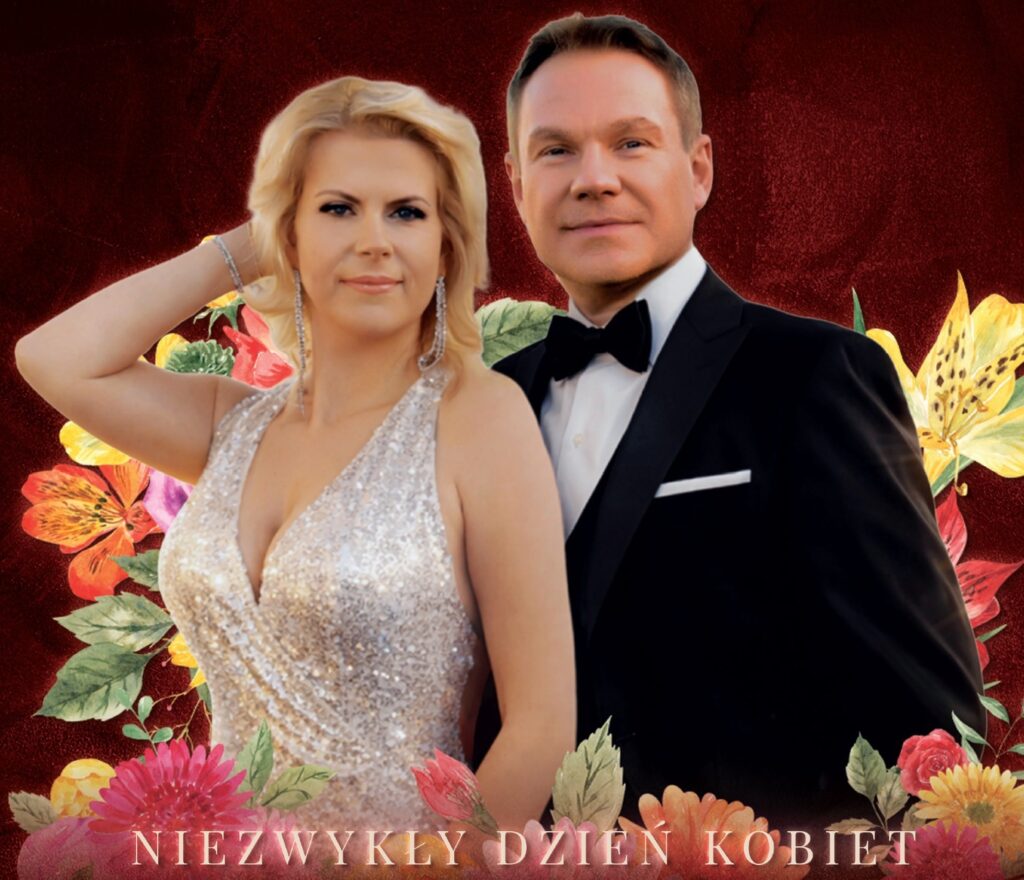 Mężczyzna i kobieta w eleganckich strojach z kwiatowym tłem.