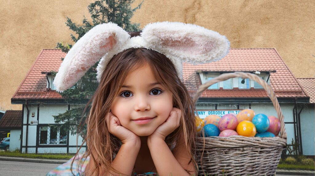 Dziewczynka w uszach królika z koszykiem pisanek