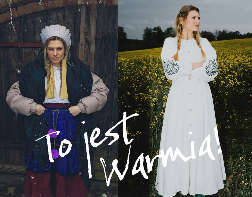 Dwie fotografie Kasi Kosmos w stylizacjach nawiązujących do tradycji warmińskiej z napisem „To jest Warmia!”.