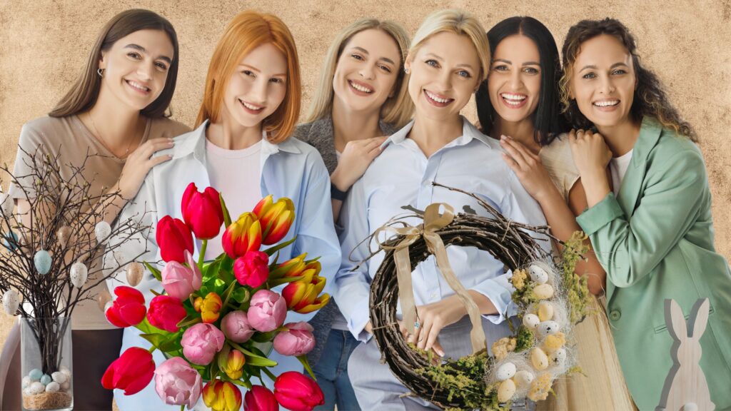 Sześć uśmiechniętych kobiet z dekoracjami wielkanocnymi i wiosennymi kwiatami