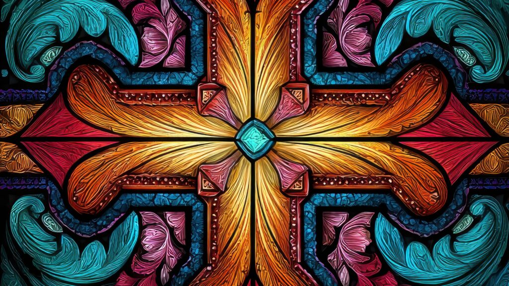 Query successful Gemini said Oto tekst alternatywny oraz opis dla najnowszej grafiki: Tekst alternatywny: Kolorowa, symetryczna grafika w stylu witrażowym z motywem krzyża i ornamentów roślinnych