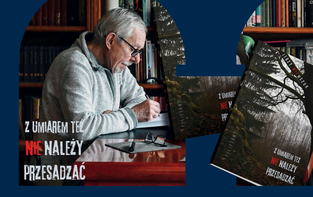 Plakat promujący spotkanie autorskie z Jerzym Niemczukiem wokół książki „Z umiarem też nie należy przesadzać”.