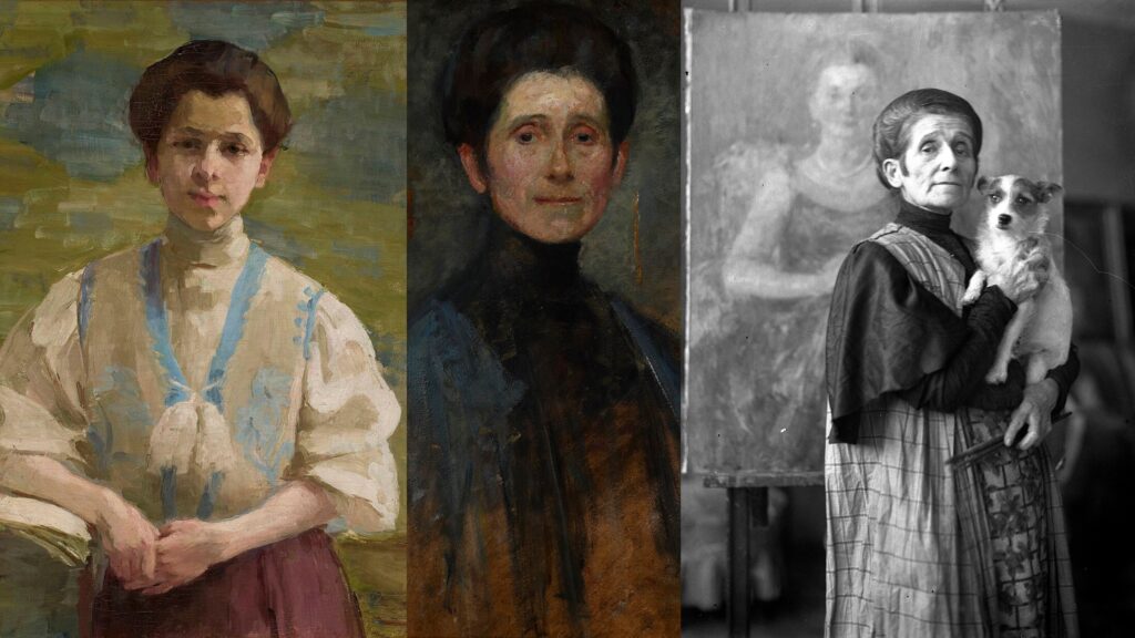 Tryptyk prezentujący dwa portrety malarskie autorstwa Olgi Boznańskiej oraz archiwalne zdjęcie samej artystki z psem.