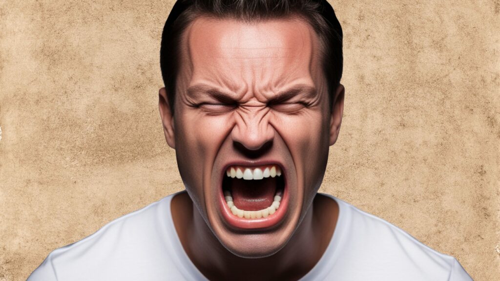 Zbliżenie na twarz krzyczącego mężczyzny z zaciśniętymi oczami na beżowym tle