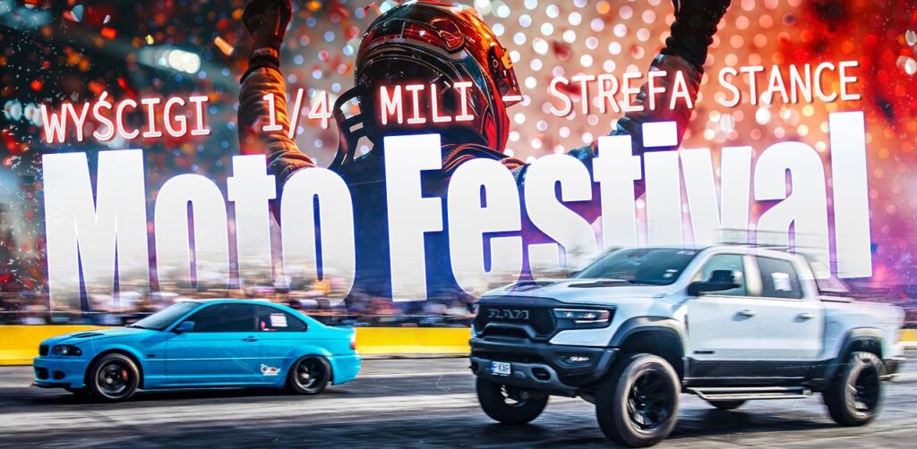 Plakat promujący wydarzenie „Moto Festival” w Olsztynie, obejmujący wyścigi na 1/4 mili oraz strefę stance.