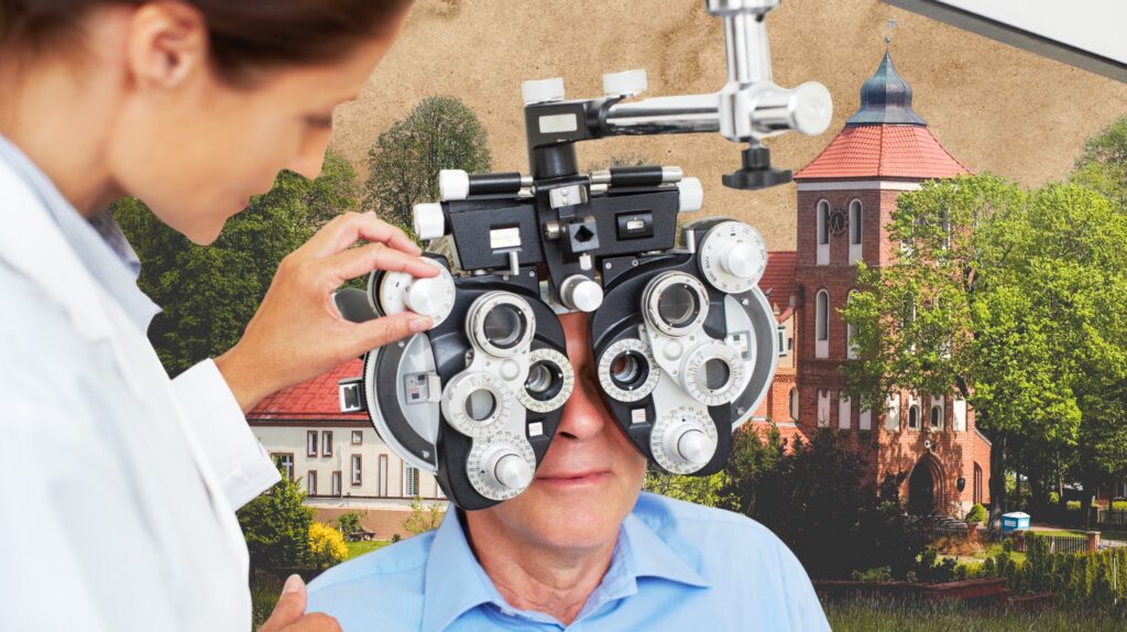 Mężczyzna noszący sprzęt do badania wzroku.