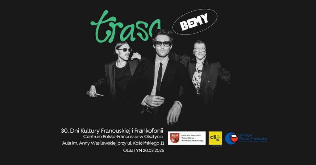 Trzech mężczyzn w okularach przeciwsłonecznych na tle ciemnym, z napisem 'trasa' i 'BEMY'.