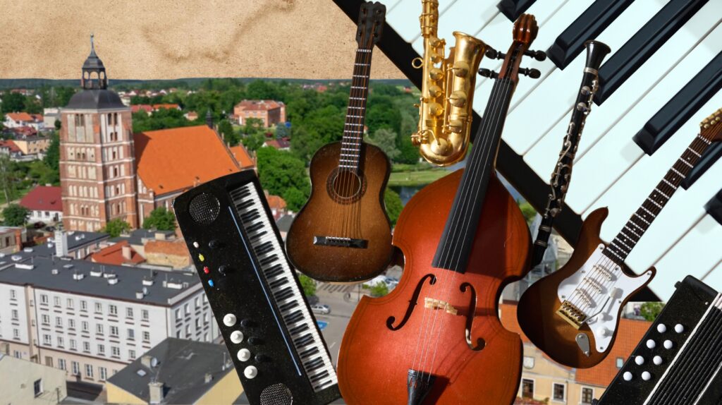 Zestaw różnych instrumentów muzycznych na tle miasta.