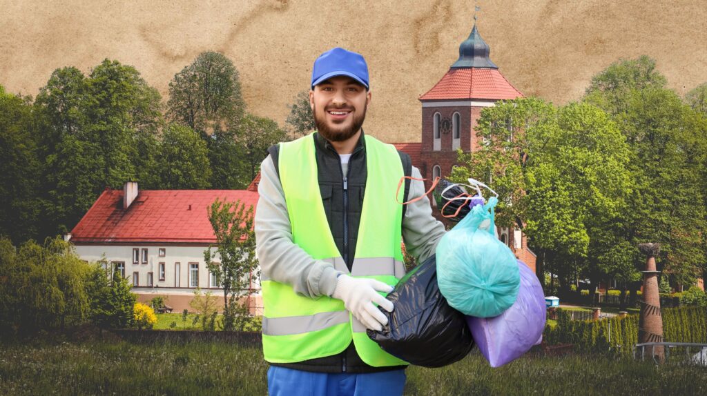 Mężczyzna w kamizelce odblaskowej trzyma worki z odpadami.