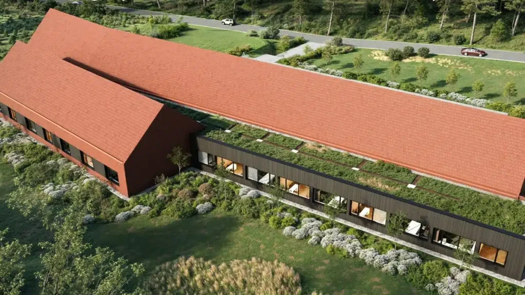 Nowoczesny budynek z zielonym dachem