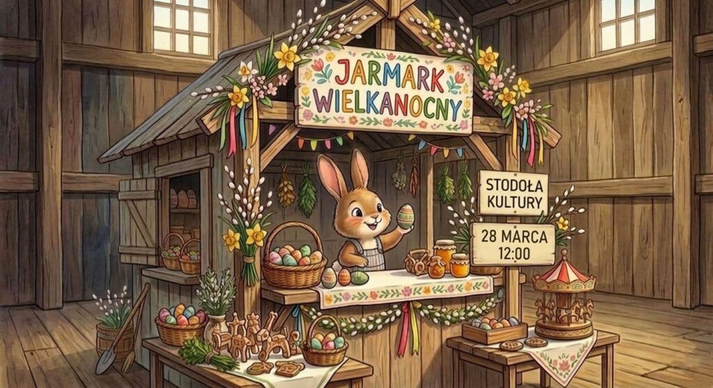 Wielkanocny jarmark z zającem sprzedającym ozdoby i pisanki.