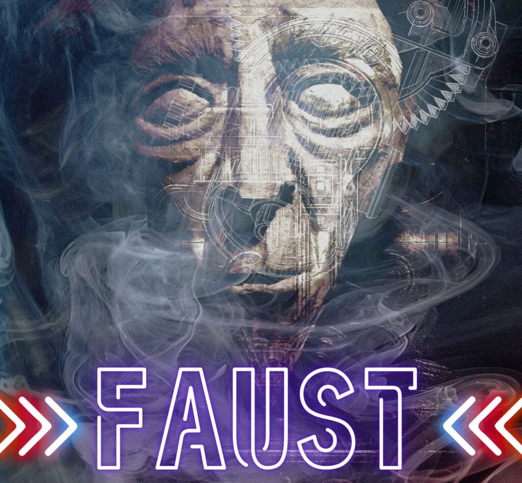 Stylizowany portret twarzy z elementami technicznymi i dymem.