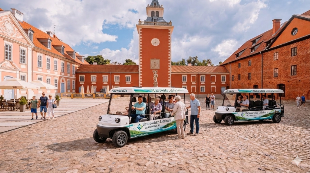Grupa ludzi obok elektrycznego pojazdu w historycznym otoczeniu.