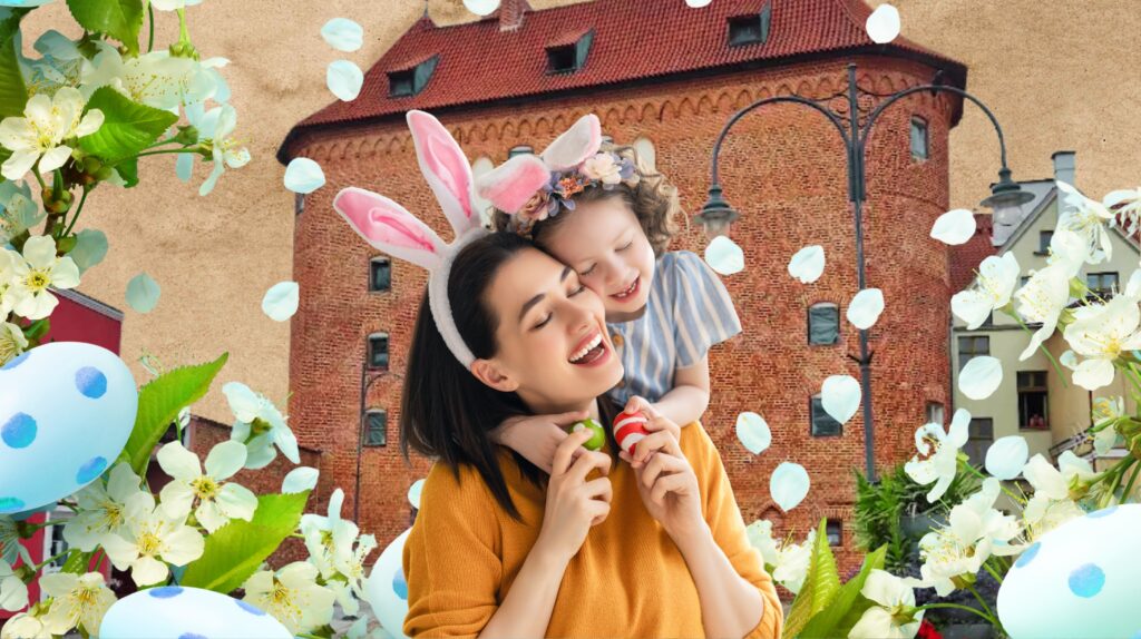 Matka z dzieckiem w wakacyjnych strojach, trzymający kolorowe jajka.