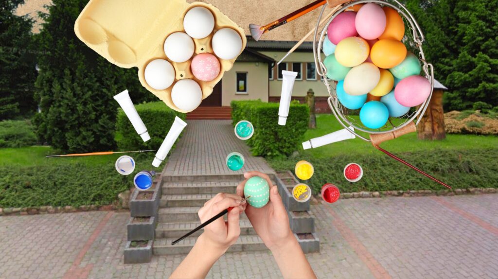 Osoba malująca pisankę z kolorowymi jajkami