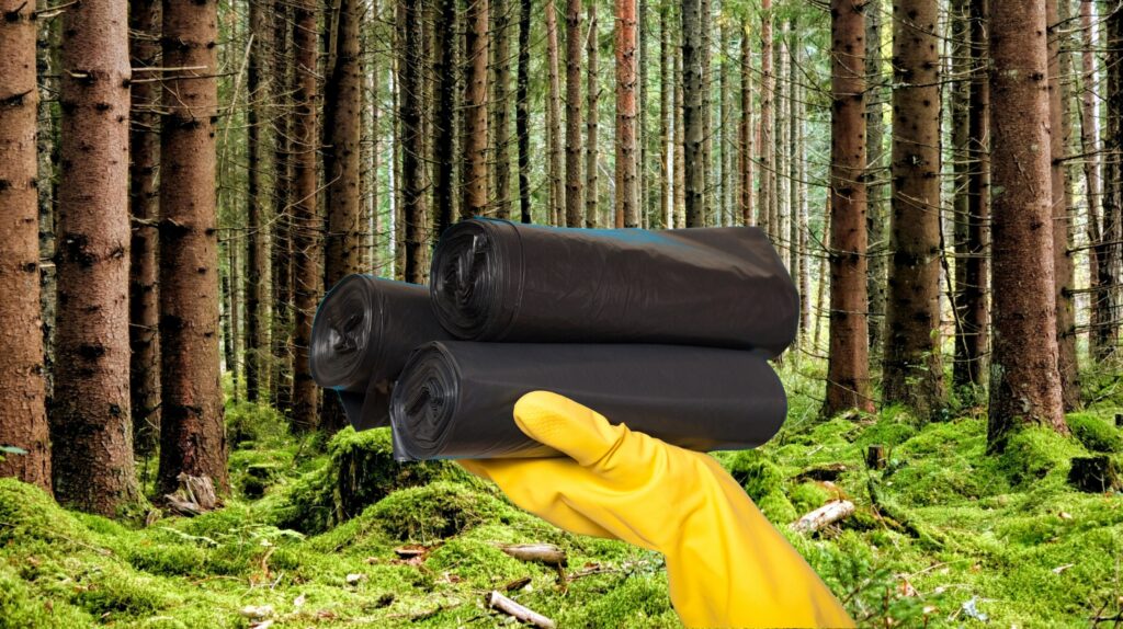 Osoba w rękawicy trzyma trzy rolki czarnych worków na śmieci w lesie.