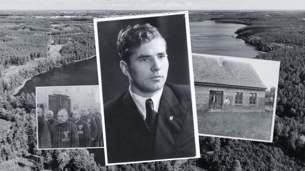 Czarno-białe zdjęcie z widokiem na las i jezioro, z wstawkami historycznymi.