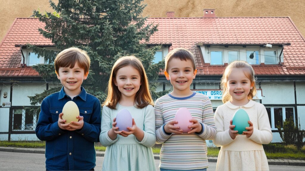 Czwórka dzieci trzymająca kolorowe jajka.
