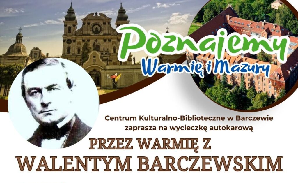 Plakat promujący wycieczkę po Warmii i Mazurach.