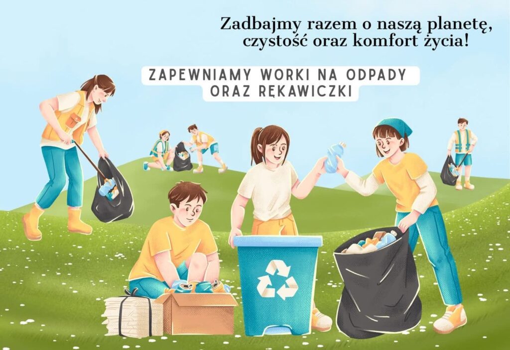 Młodzież sprzątająca teren z odpadami.