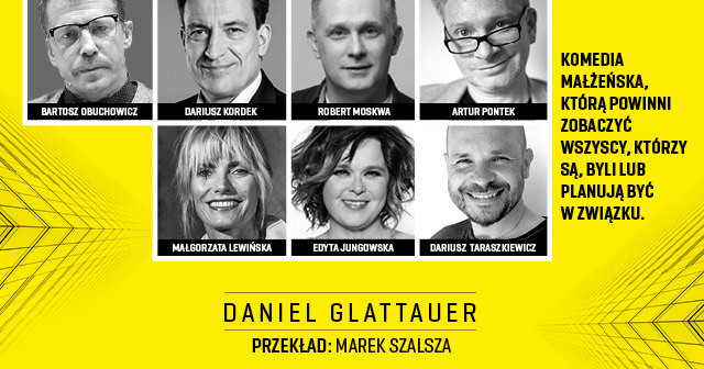 Plakat do komedii małżeńskiej z portretami aktorów.
