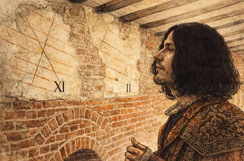 Mężczyzna w historycznym stroju patrzy na ścianę z gnomonem.