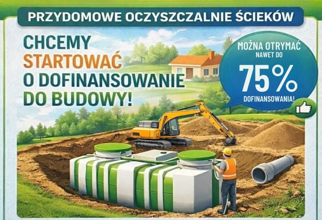 Budowa przydomowej oczyszczalni ścieków z maszyną budowlaną.