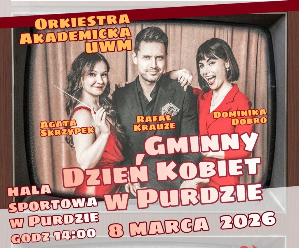 Trzy osoby pozują na zdjęciu promującym Gminny Dzień Kobiet w Purdzie.