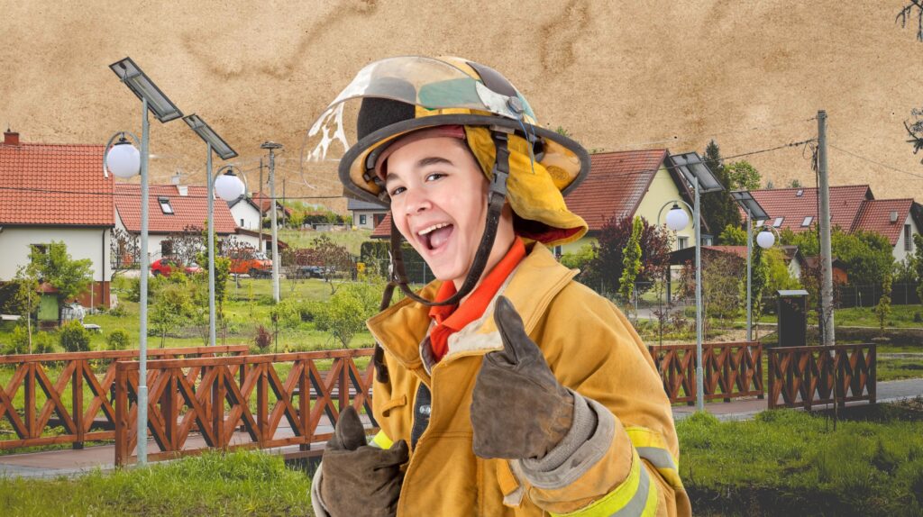 Uśmiechnięty chłopiec w stroju strażaka.