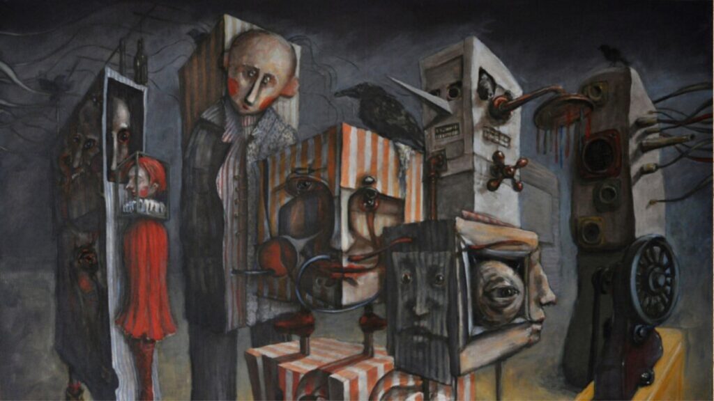 Surrealistyczny obraz olejny przedstawiający zdeformowane postacie w pasiaste wzory, elementy maszynowe i czarne kruki w mrocznej atmosferze