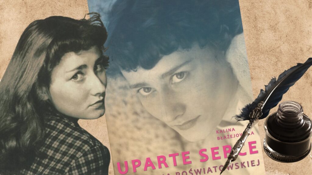 Kolaż z portretem Haliny Poświatowskiej, okładką książki „Uparte serce” oraz starodawnym piórem z kałamarzem.