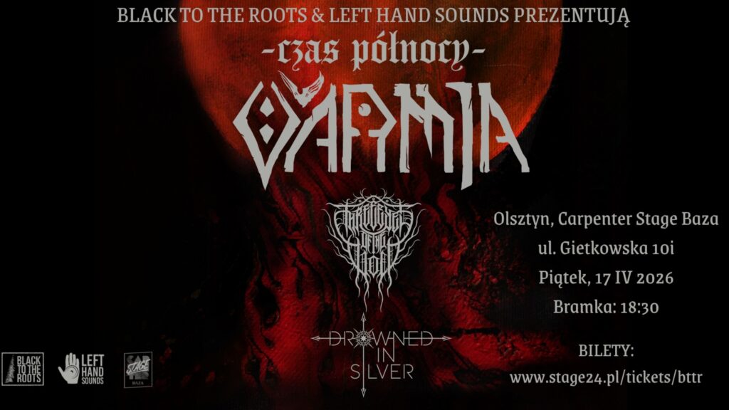 Mroczny plakat koncertowy zespołu Varmia z czerwonym księżycem w tle i gotycką typografią