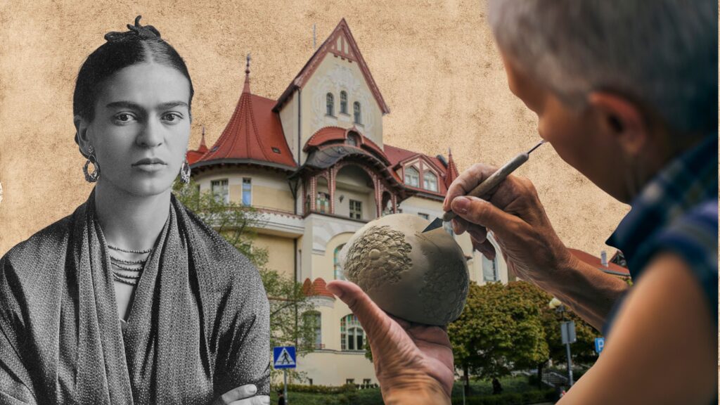 Kolaż z portretem Fridy Kahlo, rzeźbiarzem przy pracy oraz zabytkową kamienicą Naujacka w tle