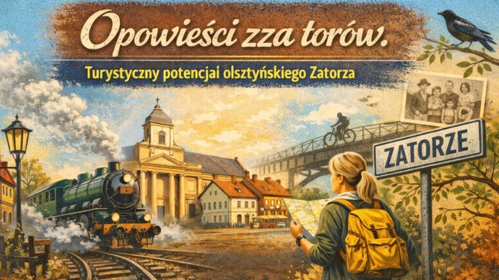 Ilustracja w stylu retro przedstawiająca turystkę z mapą na tle dworca, pociągu parowego i napisu „Zatorze”