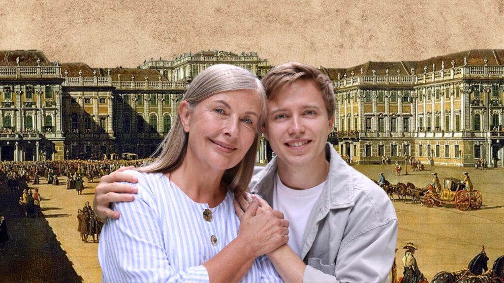 Kolaż przedstawiający uśmiechniętą kobietę i mężczyznę na tle historycznego obrazu pałacu Schönbrunn w Wiedniu.