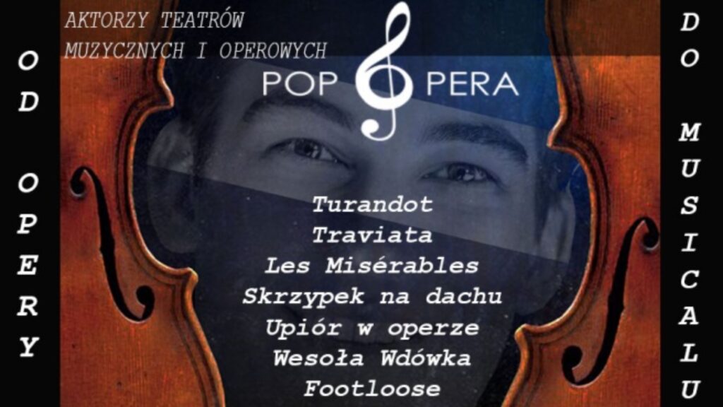 Plakat wydarzenia „Pop Opera” z twarzą mężczyzny wpisaną w kształt instrumentu smyczkowego