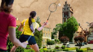 Gra w badmintona na tle miasta.