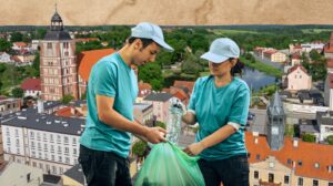 Dwoje ludzi zbiera odpady w mieście.