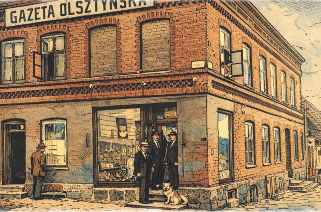 Budynku redakcji Gazety Olsztyńskiej z mężczyznami i psem.