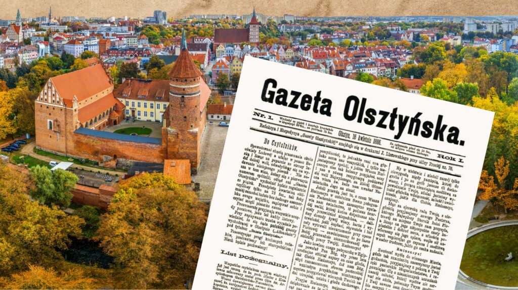 Zdjęcie Olsztyna z gotyckim zamkiem i gazetą Olsztyńską.