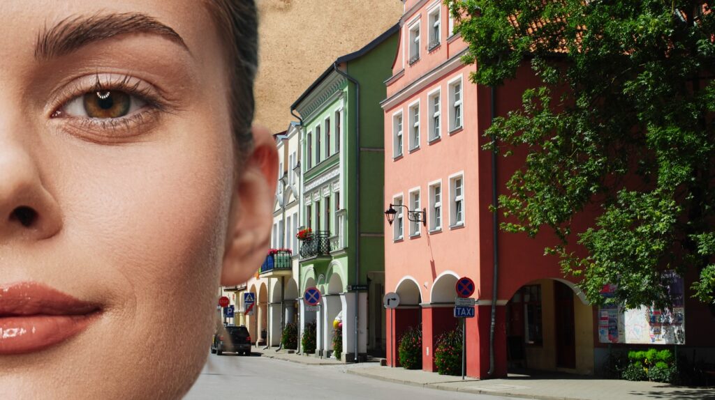 Fragment twarzy kobiety z ulicą i kolorowymi budynkami w tle.