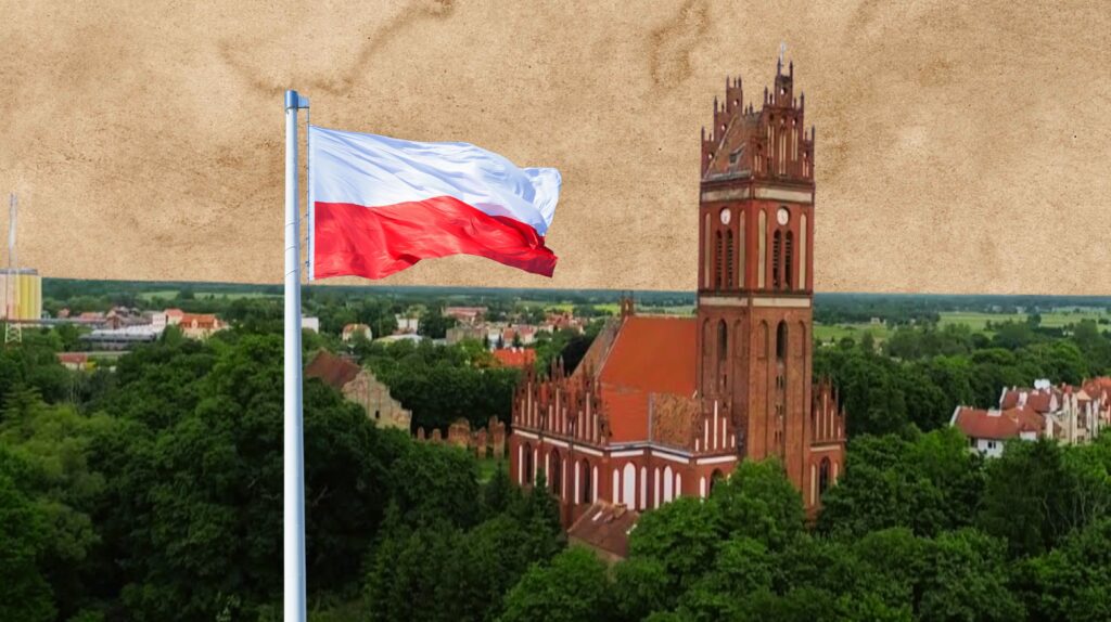 Flaga Polski na tle krajobrazu z budynkiem.