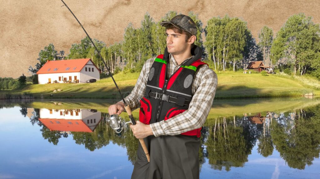 Mężczyzna w kamizelce wędkarskiej trzyma wędkę nad jeziorem.