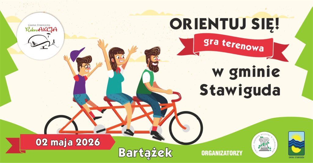 Grafika promująca grę terenową w gminie Stawiguda z postaciami na rowerze.